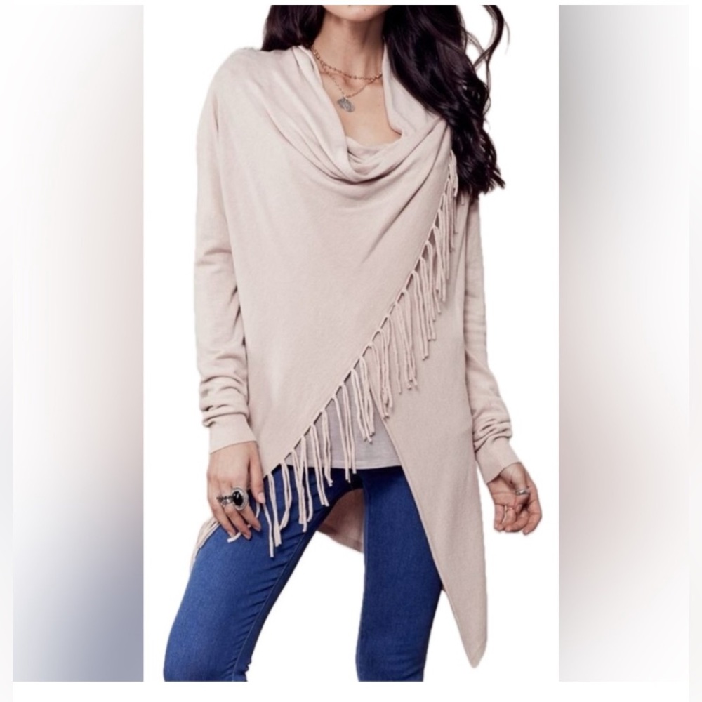Lovestitch Oatmeal Fringe Wrap Cardigan | Open Front Boho Knit Shawl. Size Small